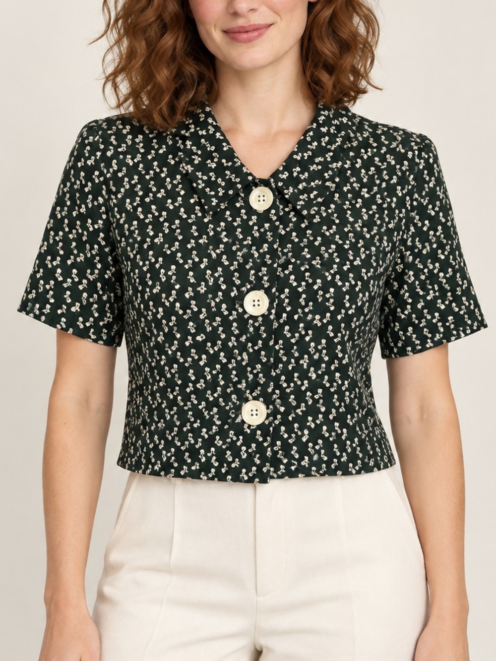 Green Bow Print Cropped Jacket Jeffrey and Dara Petite 3/4 Rayon Coquette Blouse